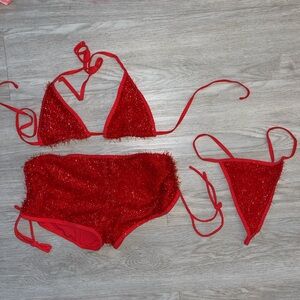 Sparkly Red Three-Piece Bikini Set Large